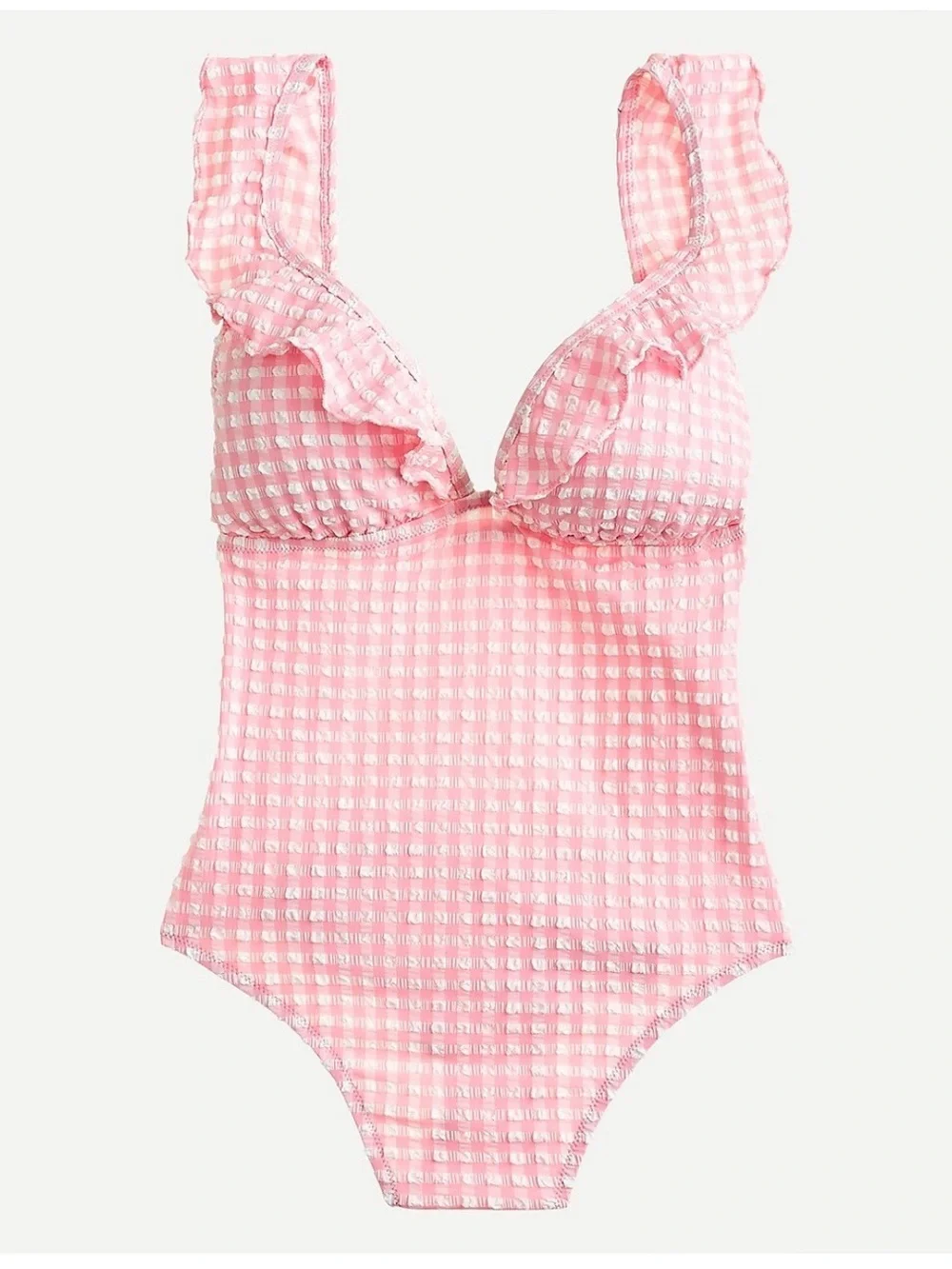 J. Crew NWT PINK Ruffle plunging V-neck one-piece swimsuit in puckered gingham